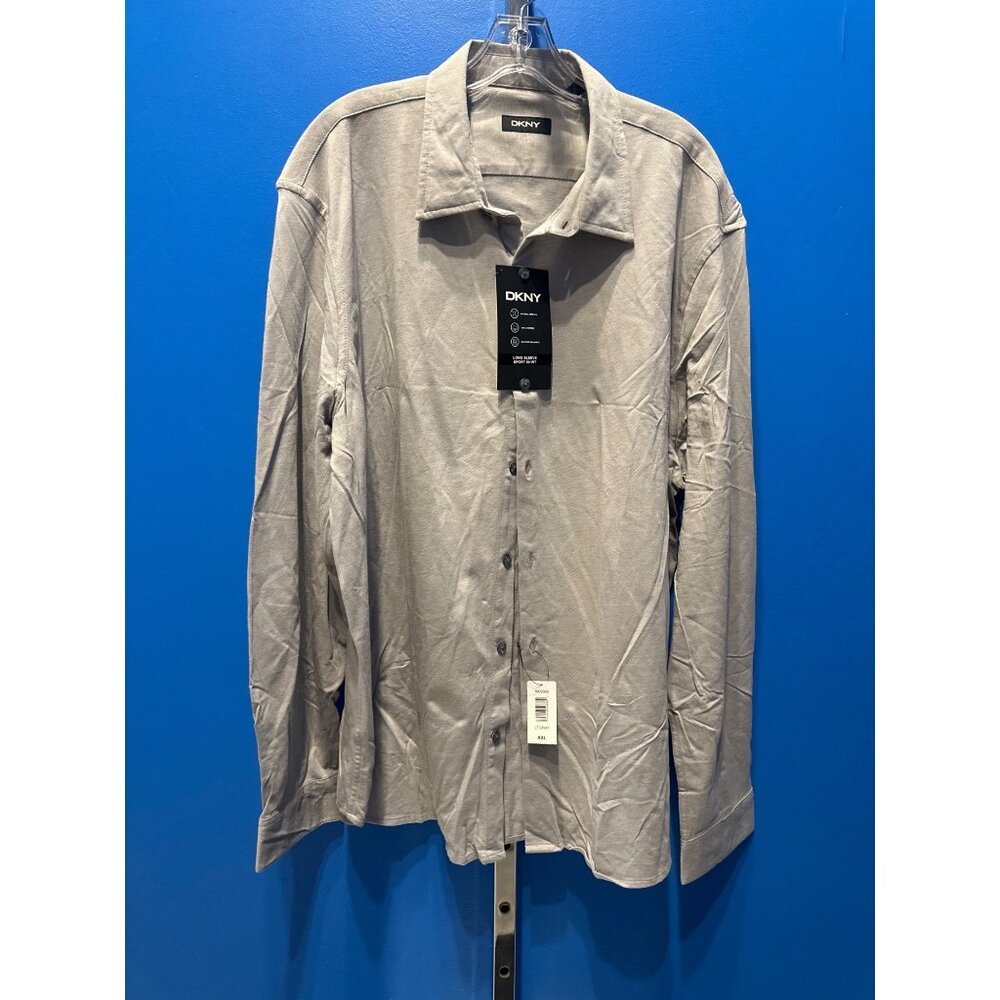 DKNY Mens Long Sleeve Sport Shirt XXL Light Gray 100% Cotton Natural Stretch Mac